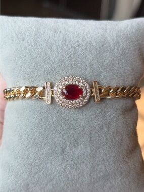 Gold Bracelet with Red Oval Center and Pave Crystals